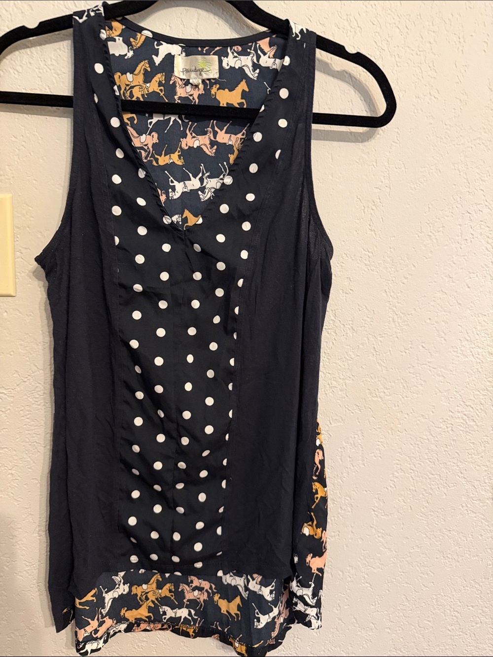 Anthropologie Navy Polka Dot Tank with Horse-Print Hem